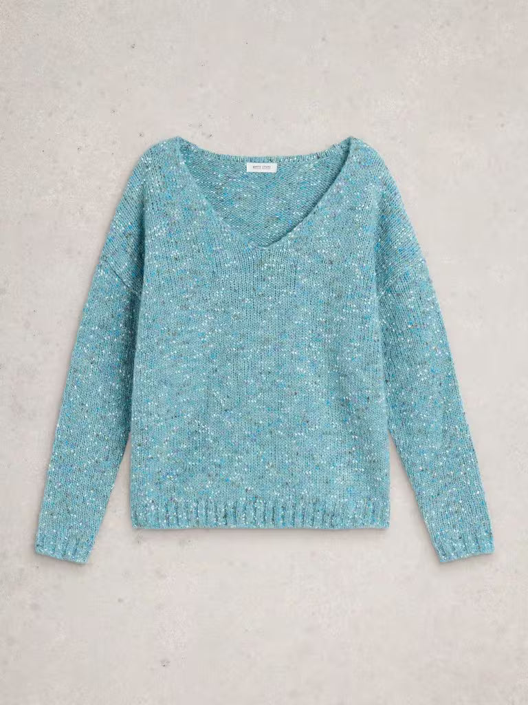 Texture V Neck Jumper - Mid Blue