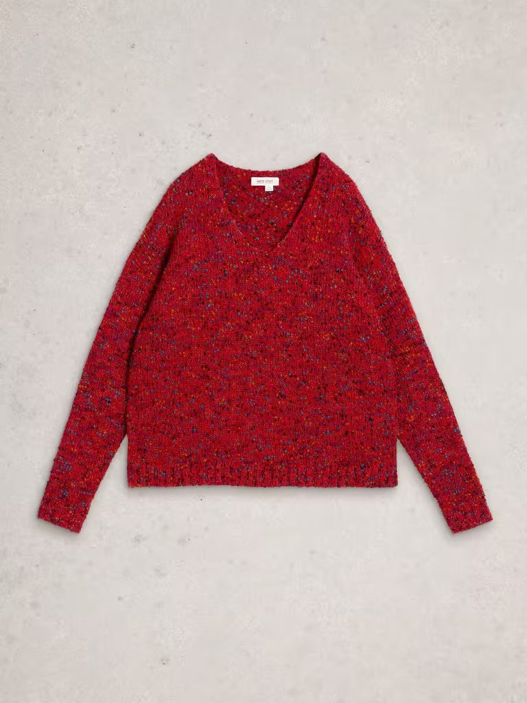 Texture V Neck Jumper - Mid Red