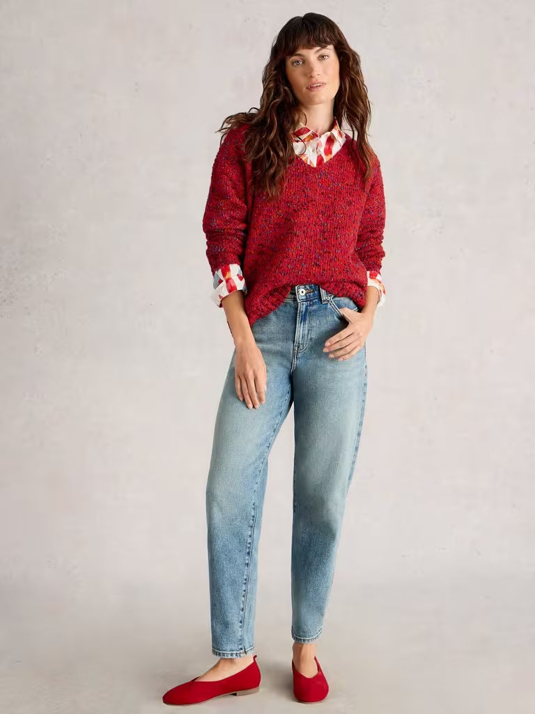 Texture V Neck Jumper - Mid Red