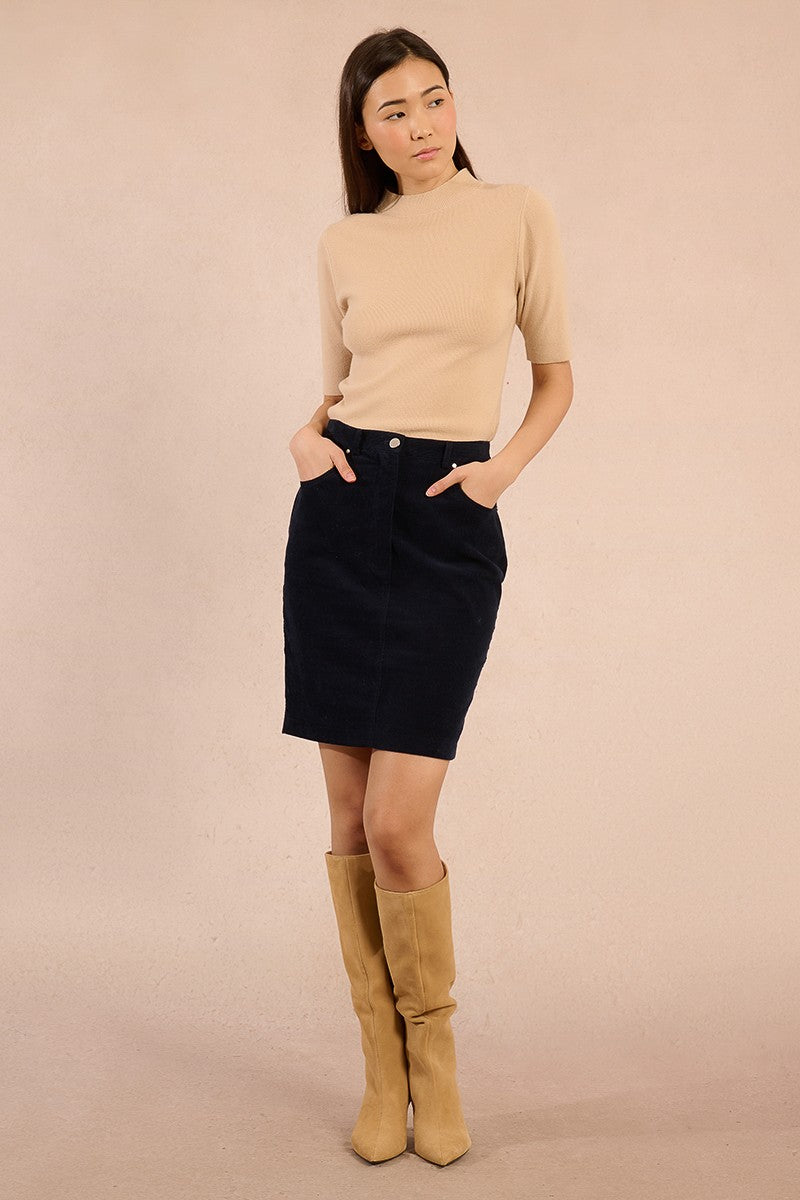 Corduroy Pencil Skirt- Navy