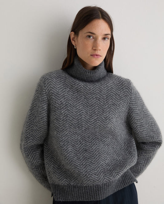 Jacquard Herringbone Turtle Neck Sweater