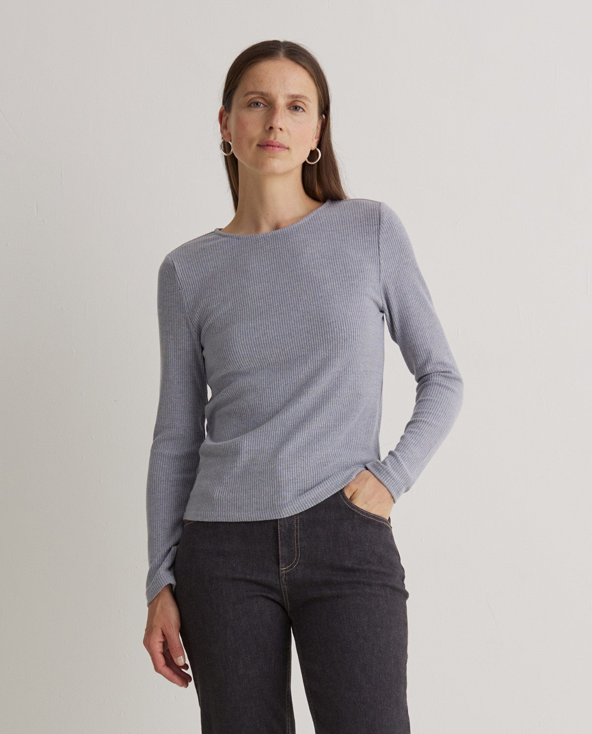 Grey Ribbed Long Sleeve Tee