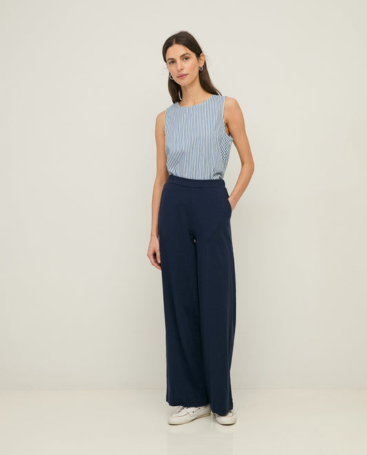 Wide Leg Navy Cotton Trouser