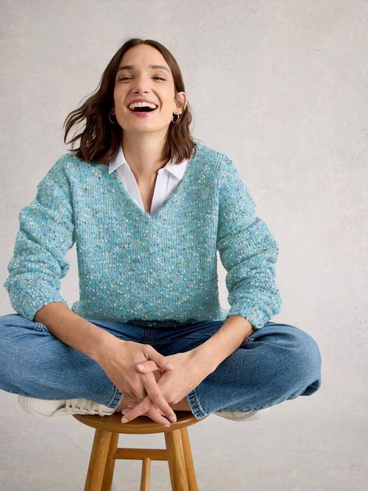 Texture V Neck Jumper  - Mid Blue