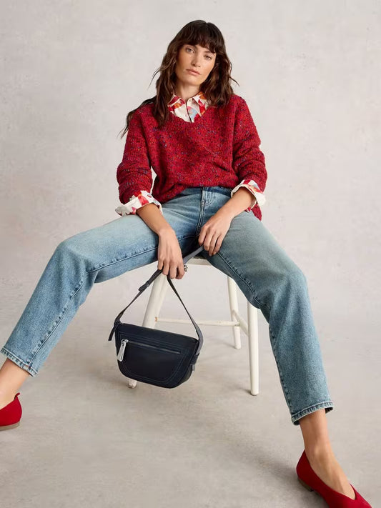 Texture V Neck Jumper  - Mid Red