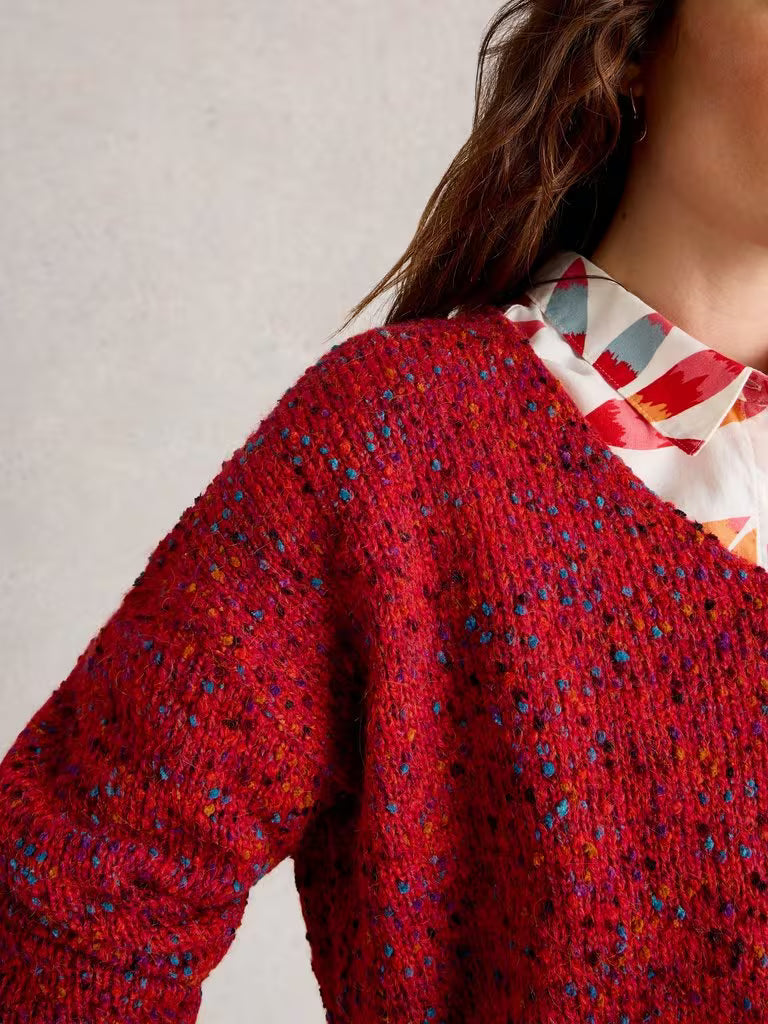 Texture V Neck Jumper  - Mid Red